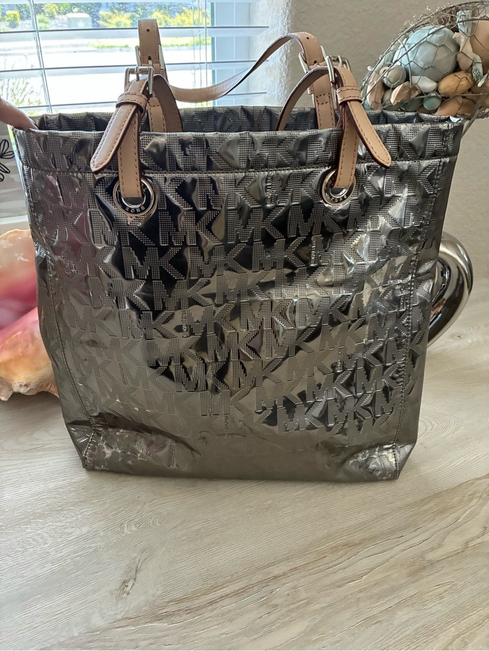 Michael Kors Metallic Silver MK Logo Tote with Tan Leather Handles